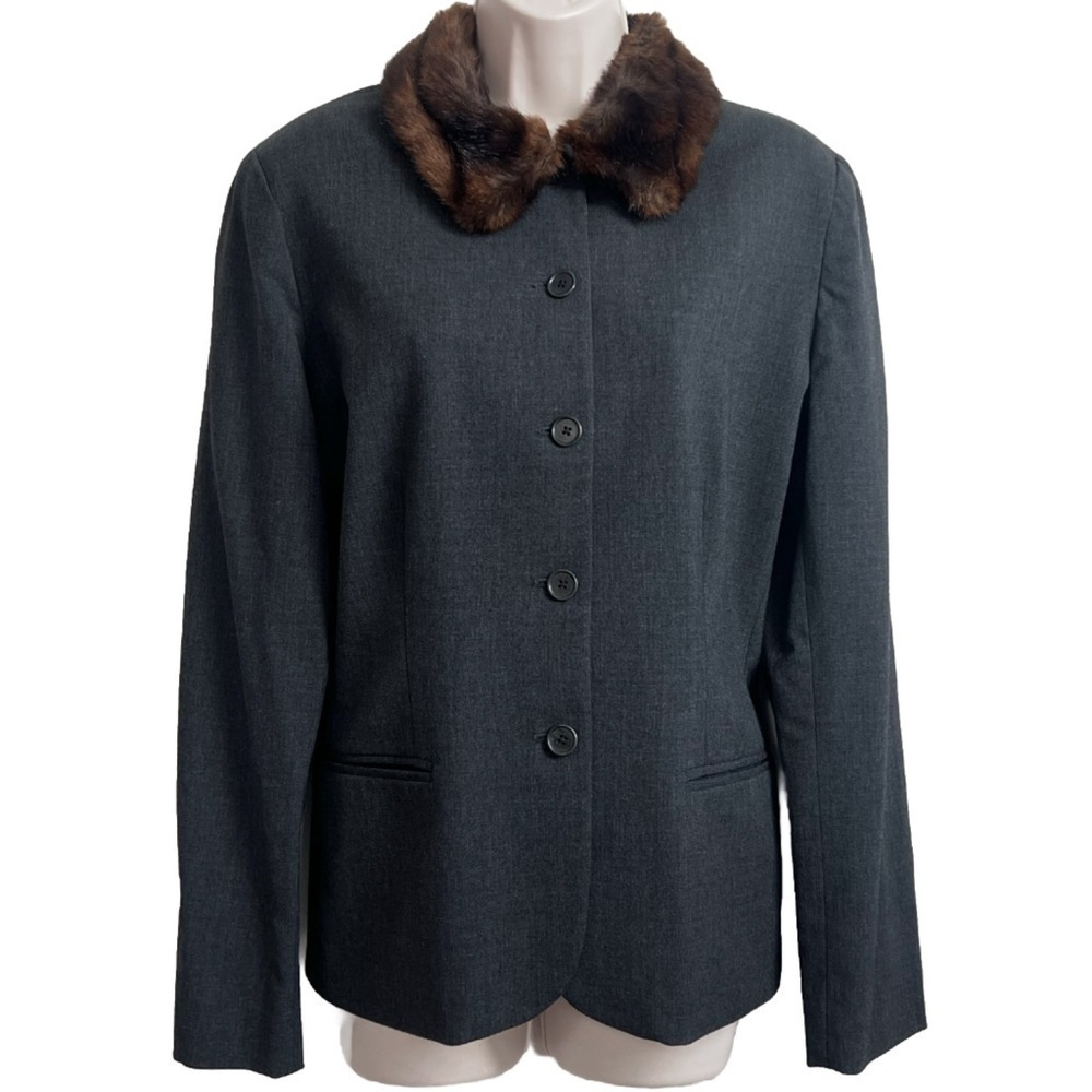 Lauren Ralph Lauren Vintage Wool Faux Fur Collar Blazer Jacket Gray Brown 12